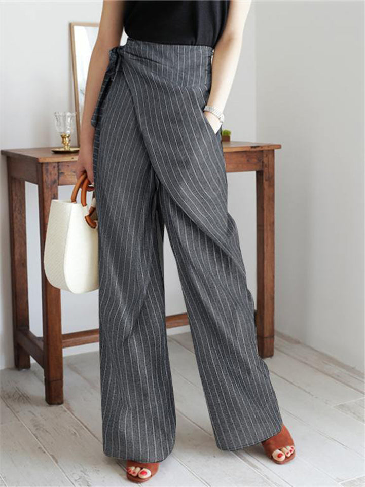 Ladies' Elegant Trendy Striped Lace Up High Waist Straight Pants
