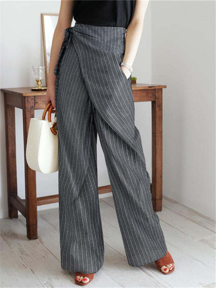 Ladies' Elegant Trendy Striped Lace Up High Waist Straight Pants