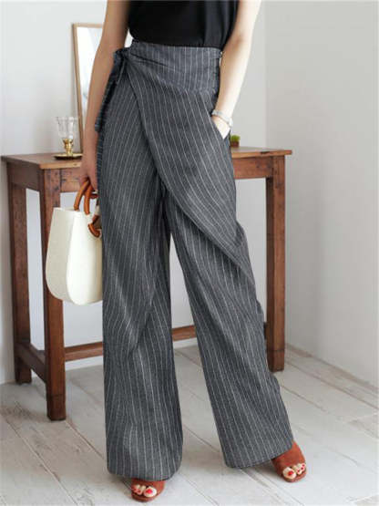 Ladies' Elegant Trendy Striped Lace Up High Waist Straight Pants