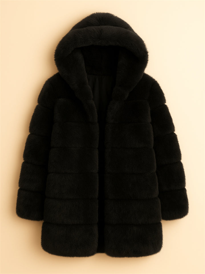 Women's Winter Comfortable Faux Fur Zip Up Hooded Midi Length Coats