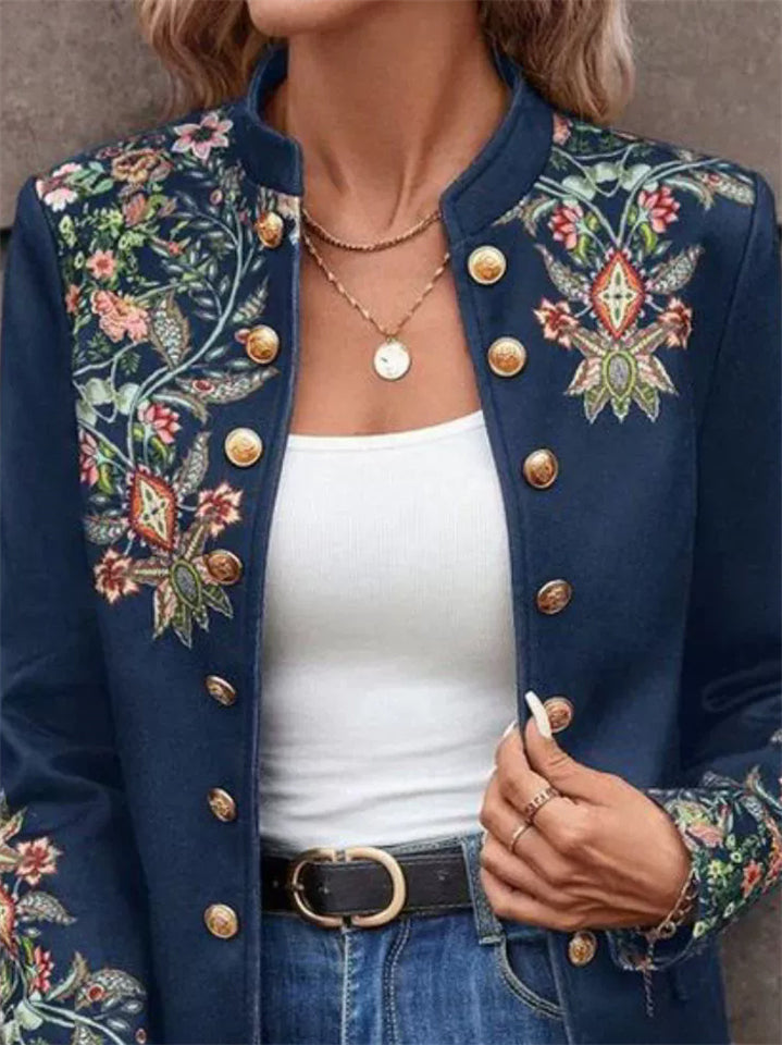Women's Floral Printed Double-breasted Stand Collar Cardigan Jackets