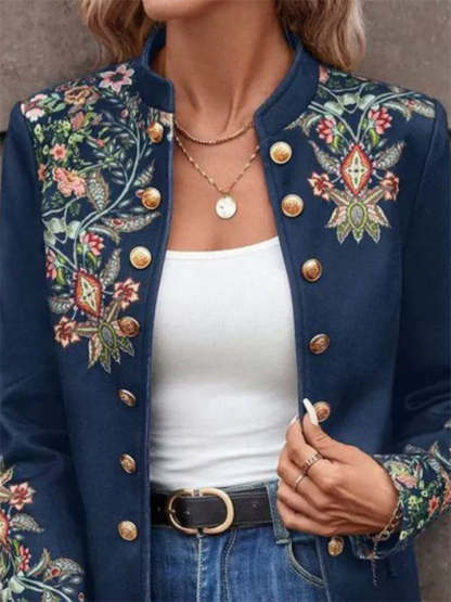 Women's Floral Printed Double-breasted Stand Collar Cardigan Jackets