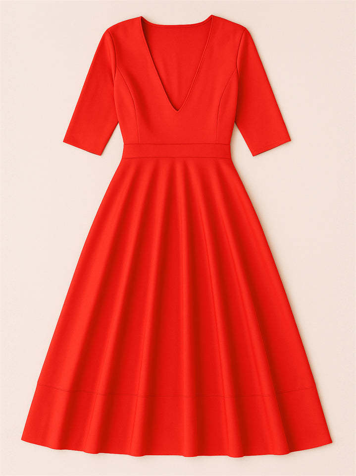 Ladies' Elegant Deep-V Neck Solid Color Half Sleeve Midi Dress