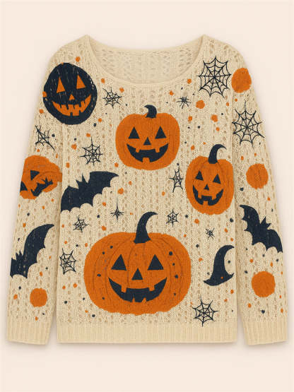 Hollow Halloween Style Pumpkin Print Round Neck Sweater for Women