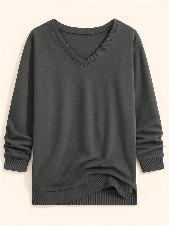 Casual Solid Color V-neck Long-sleeved Pullover Loose Sweatshirts for Women