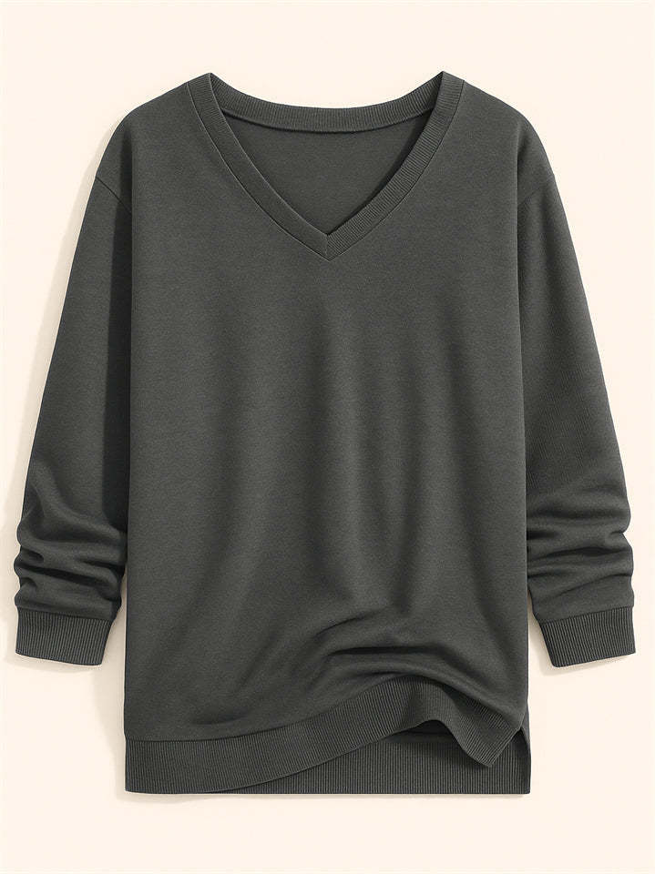 Casual Solid Color V-neck Long-sleeved Pullover Loose Sweatshirts for Women
