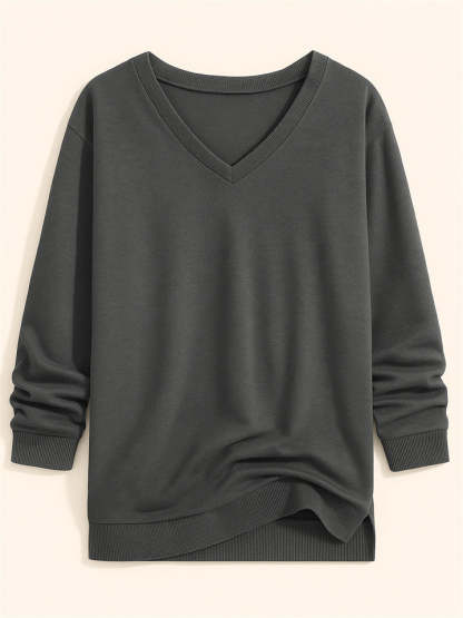 Casual Solid Color V-neck Long-sleeved Pullover Loose Sweatshirts for Women