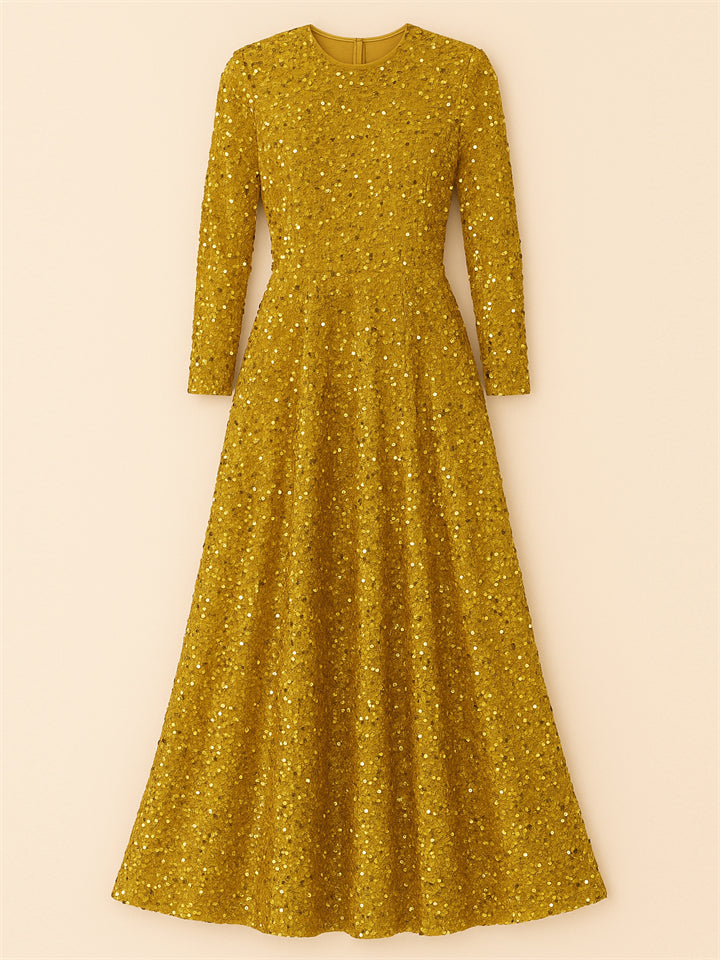 Trendy Sequined Solid Color Long Sleeve Big Hem Maxi Dress