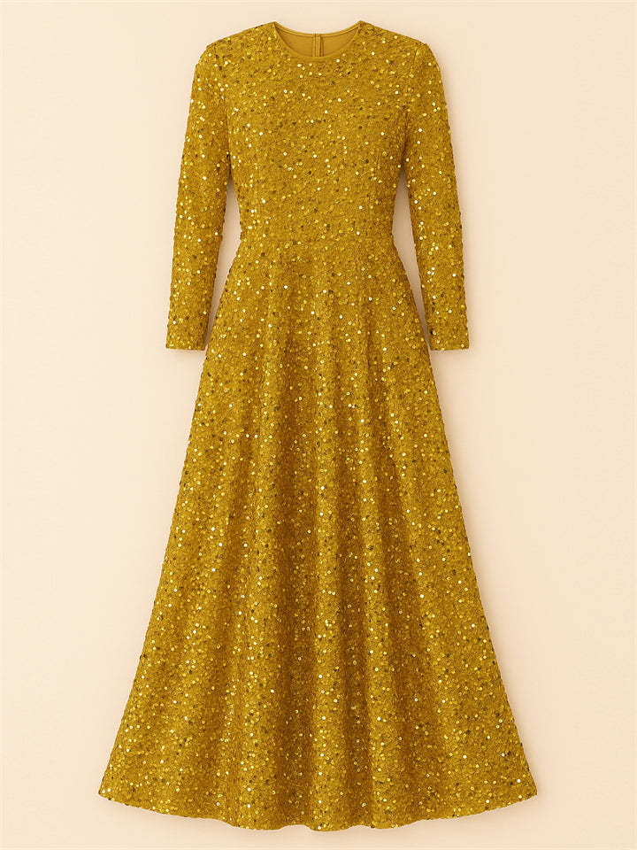 Trendy Sequined Solid Color Long Sleeve Big Hem Maxi Dress