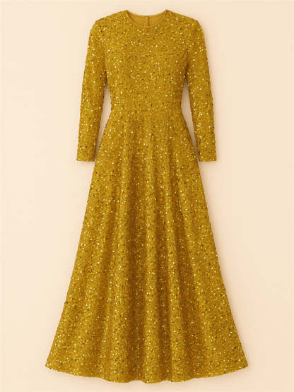 Trendy Sequined Solid Color Long Sleeve Big Hem Maxi Dress
