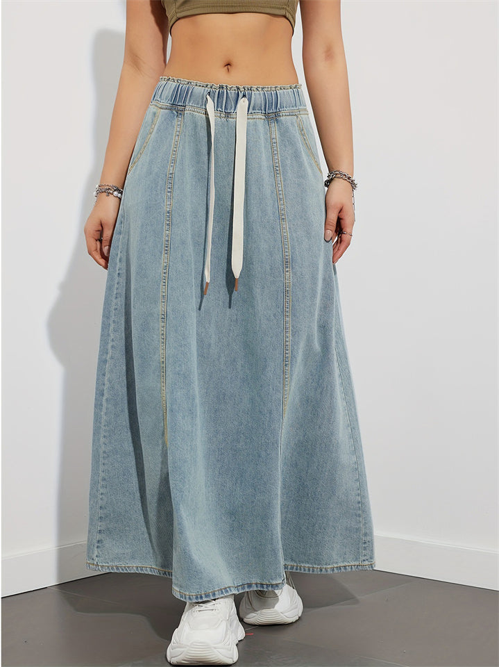 Women's Casual Drawstring Elastic Waist  A-Line Denim Skirt