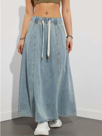 Women's Casual Drawstring Elastic Waist  A-Line Denim Skirt