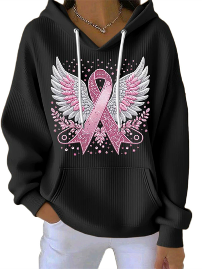 Female's Wings& Ribbon Print Long-sleeved Kangaroo Pocket Hoodies