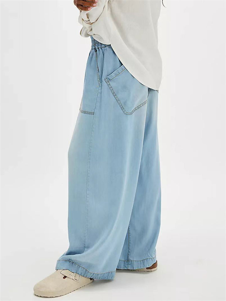 Vintage Solid Color Pockets Elastic Waist Drape Wide Leg Denim Pants