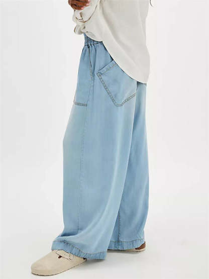 Vintage Solid Color Pockets Elastic Waist Drape Wide Leg Denim Pants