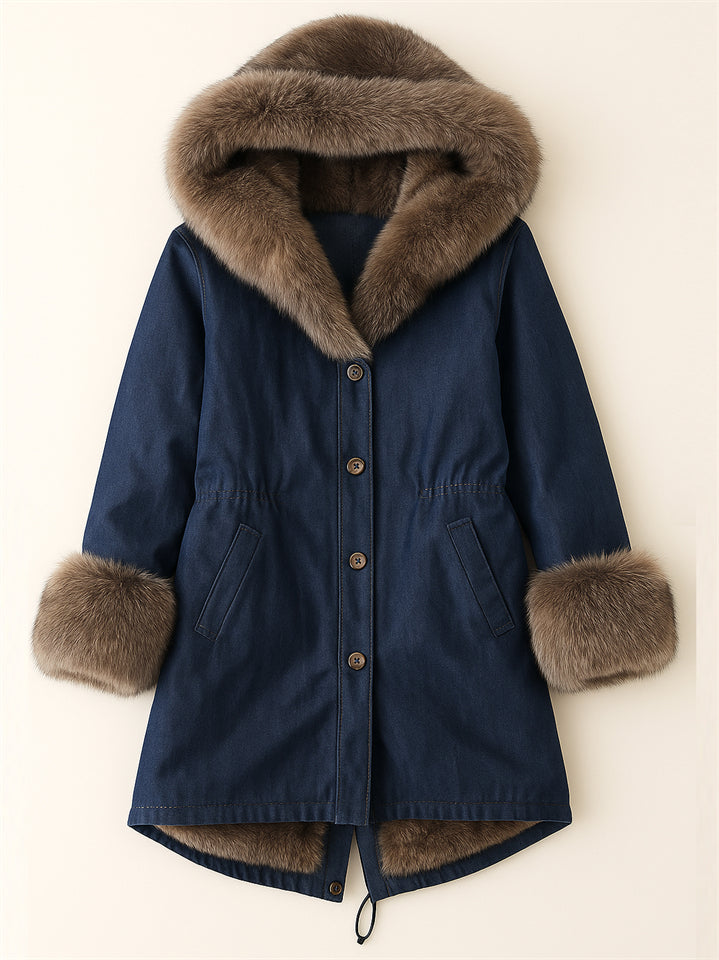 Women's Thicken Button Up Mid-Length Faux Fur Trim Hooded Coat
