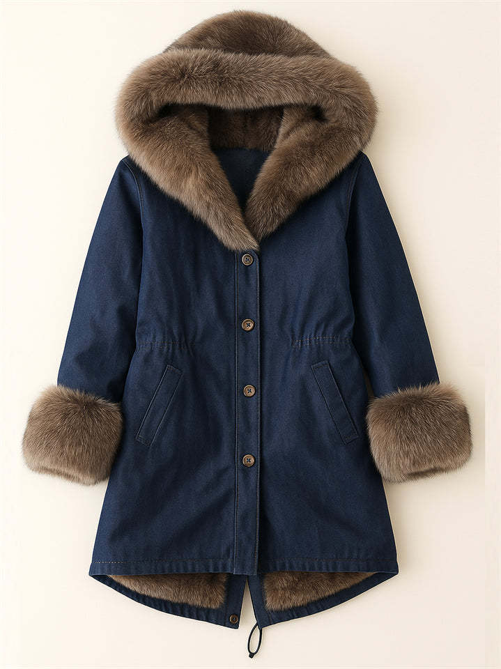 Women's Thicken Button Up Mid-Length Faux Fur Trim Hooded Coat