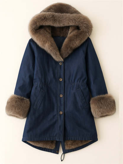Women's Thicken Button Up Mid-Length Faux Fur Trim Hooded Coat
