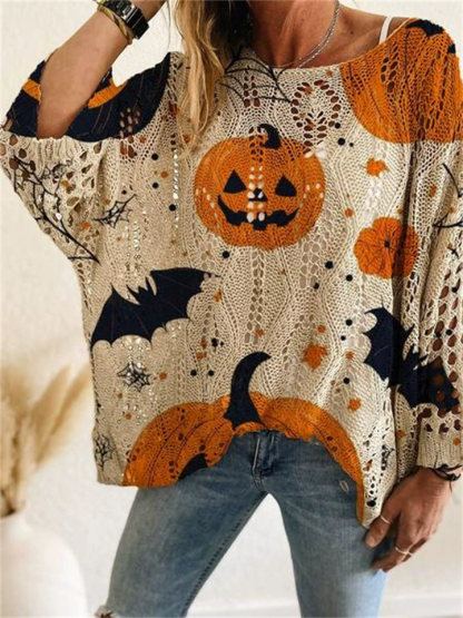 Hollow Halloween Style Pumpkin Print Round Neck Sweater for Women