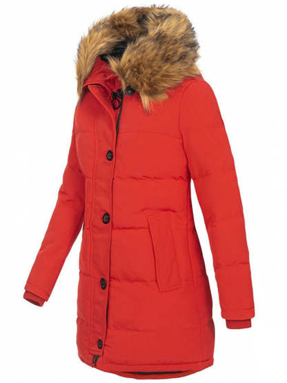 Women's Winter Solid Color Mid-Length Padded Coat with Faux Fur Hood