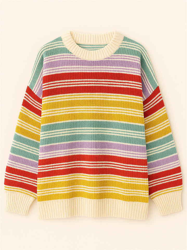 Women's Autumn Rainbow Color Striped Round Neck Sweaters