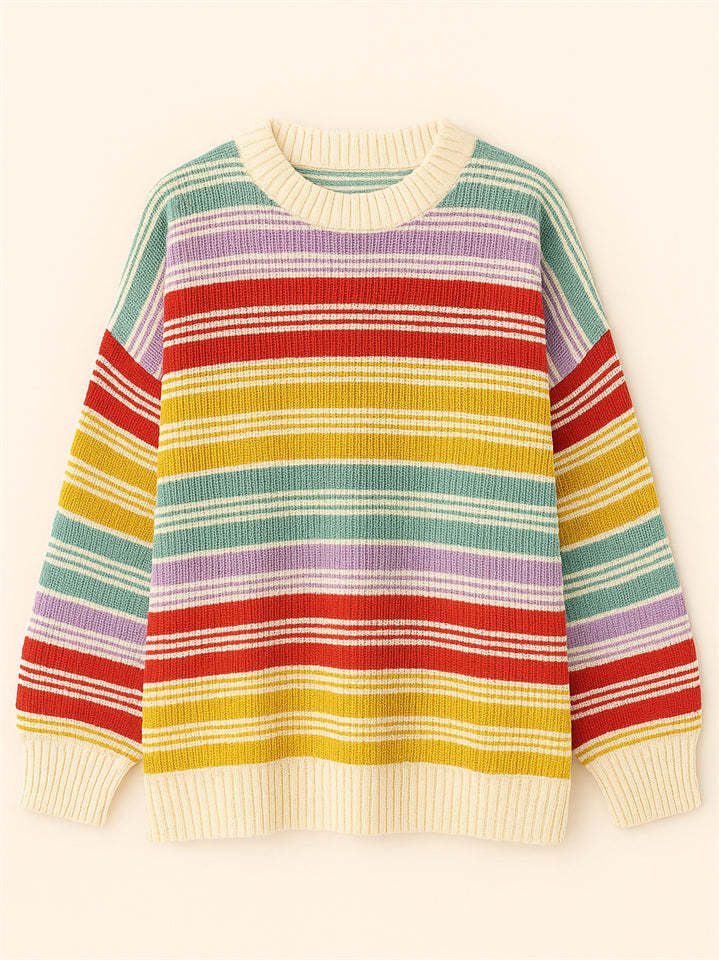 Women's Autumn Rainbow Color Striped Round Neck Sweaters
