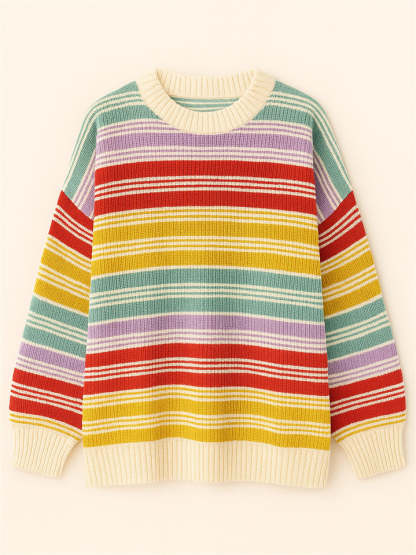 Women's Autumn Rainbow Color Striped Round Neck Sweaters