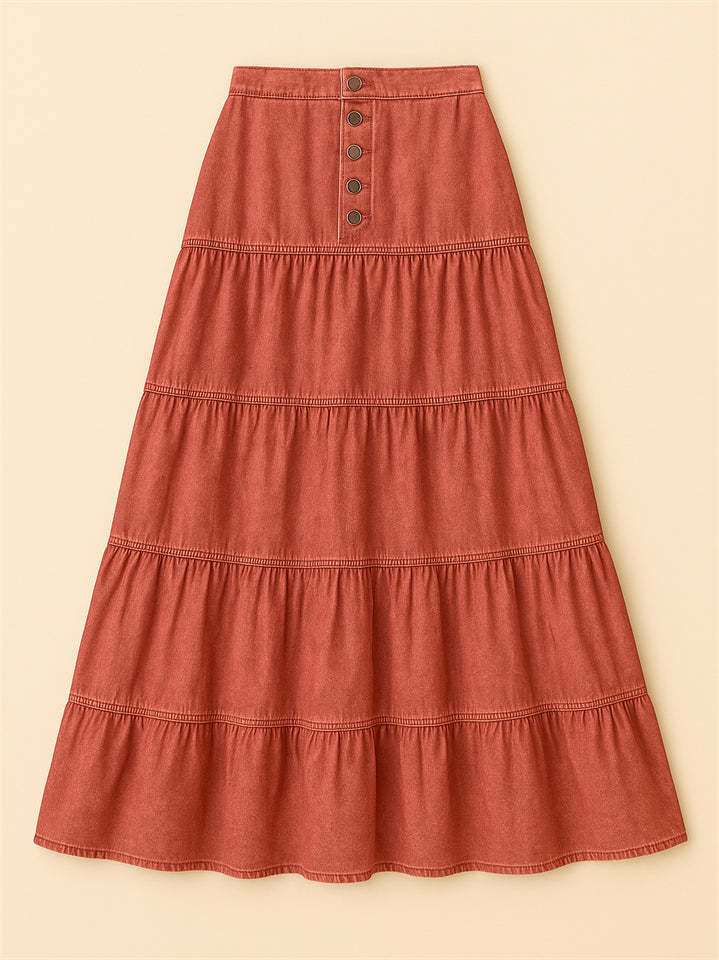 Women Bohemian Style A-line Button Front Denim Tiered Skirt