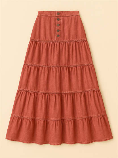 Women Bohemian Style A-line Button Front Denim Tiered Skirt