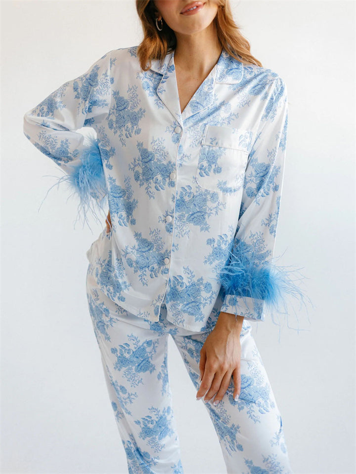 Women's Cute Printed Lapel Satin Pajama Set with Faux Fur Decoration