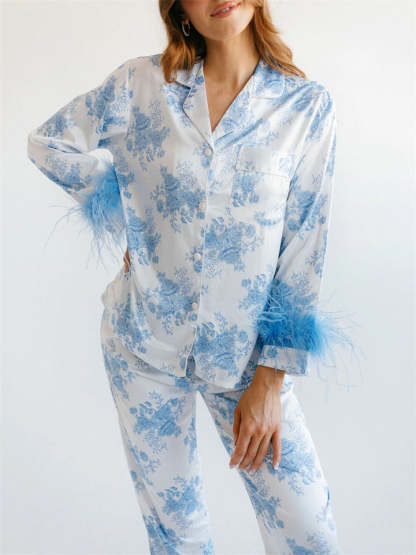 Women's Cute Printed Lapel Satin Pajama Set with Faux Fur Decoration