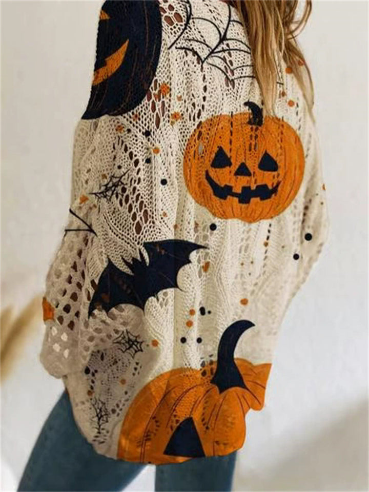 Hollow Halloween Style Pumpkin Print Round Neck Sweater for Women