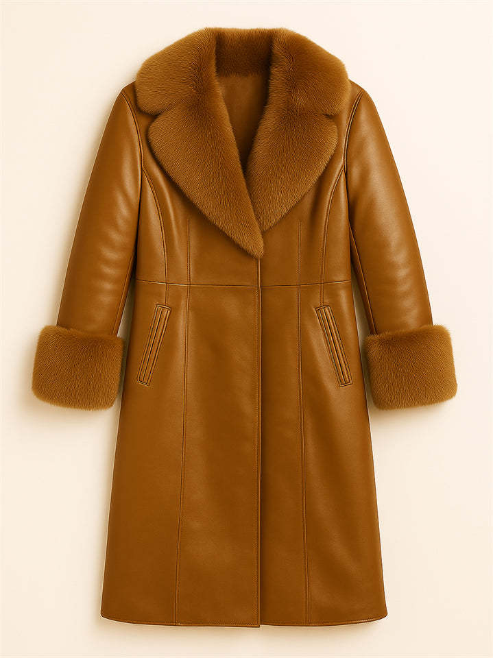 Women's Vintage Faux Fur Collar Glossy PU Leather Mid-Length Coats
