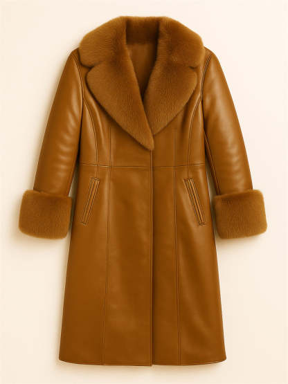 Women's Vintage Faux Fur Collar Glossy PU Leather Mid-Length Coats