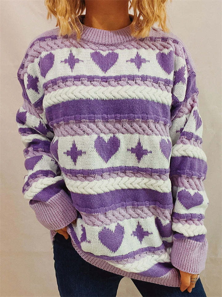 Cute Heart Shape Pattern Striped Pullover Long Sleeve Sweaters for Women