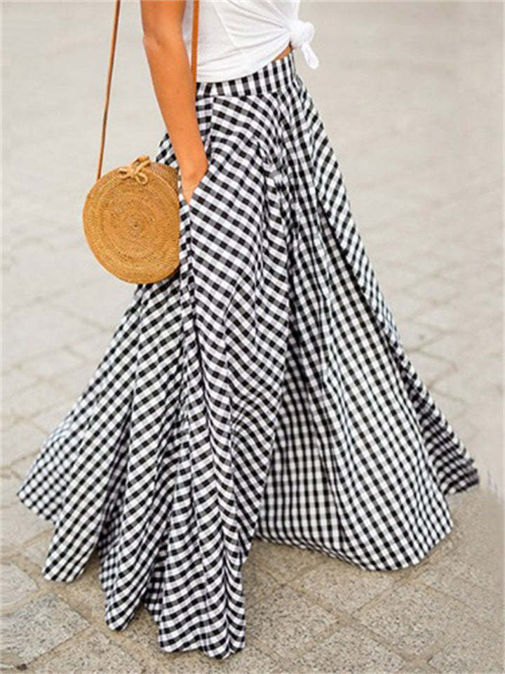 Women's High Waist Vintage Plaid Drape Big Hem Skirts