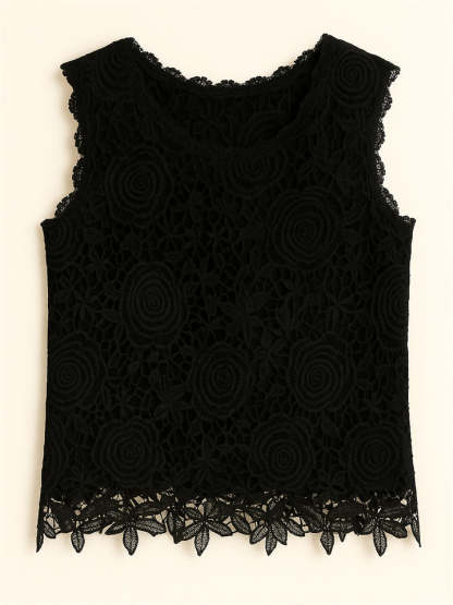 Summer Solid Color Lace Jacquard Sleeveless Tank Shirts