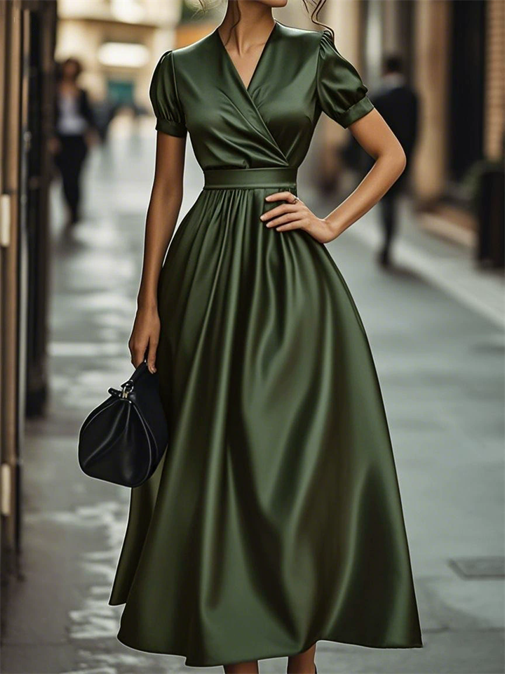Women's PU Leather Green Elegant French Style V Neck Big Hem Dress