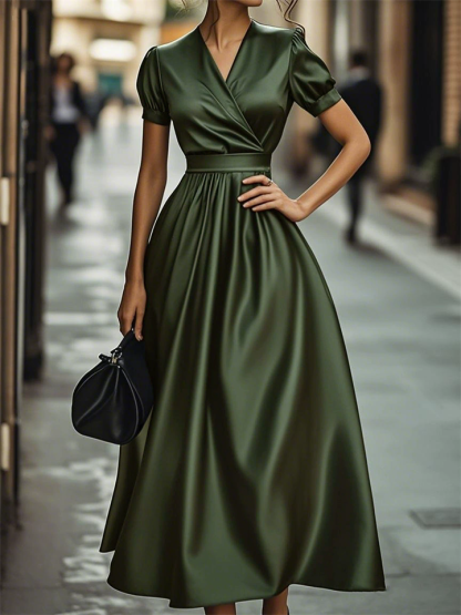 Women's PU Leather Green Elegant French Style V Neck Big Hem Dress