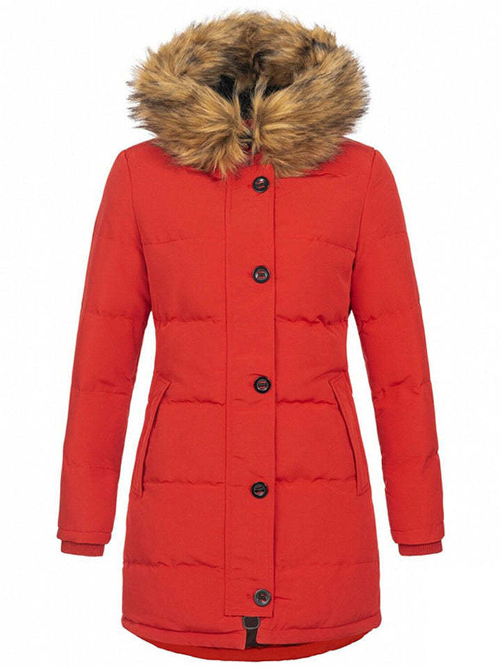 Women's Winter Solid Color Mid-Length Padded Coat with Faux Fur Hood