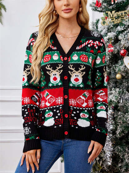 Women's Autumn Snowman Elk V Neck Long Sleeve Cardigan Christmas Sweaters