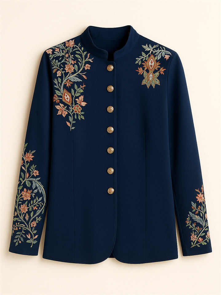 Women's Floral Printed Double-breasted Stand Collar Cardigan Jackets