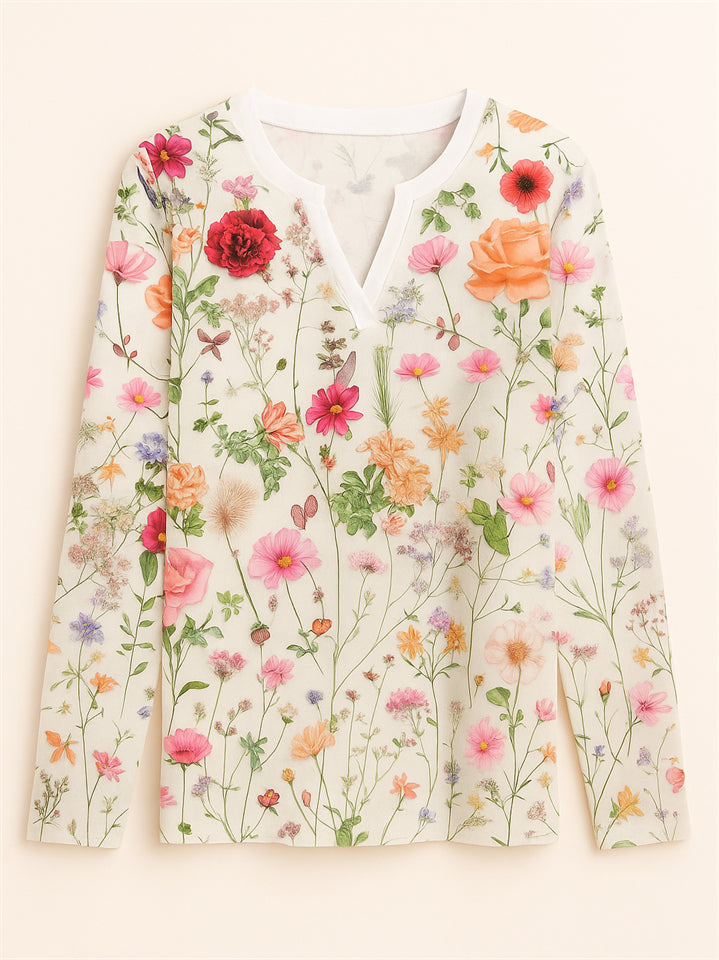Women's Floral Print V-neck Pullover Long Sleeve Shirts