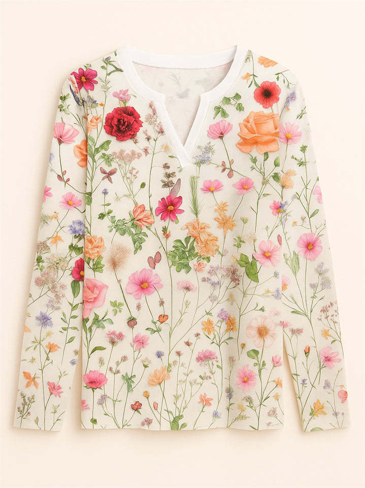 Women's Floral Print V-neck Pullover Long Sleeve Shirts