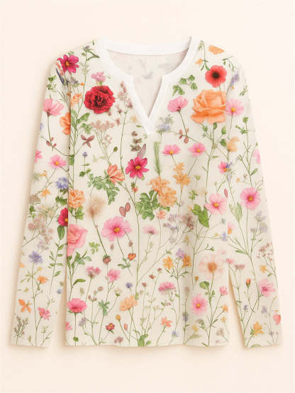 Women's Floral Print V-neck Pullover Long Sleeve Shirts