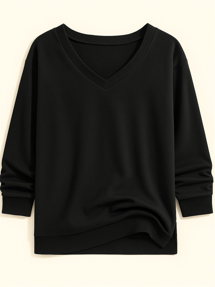 Casual Solid Color V-neck Long-sleeved Pullover Loose Sweatshirts for Women