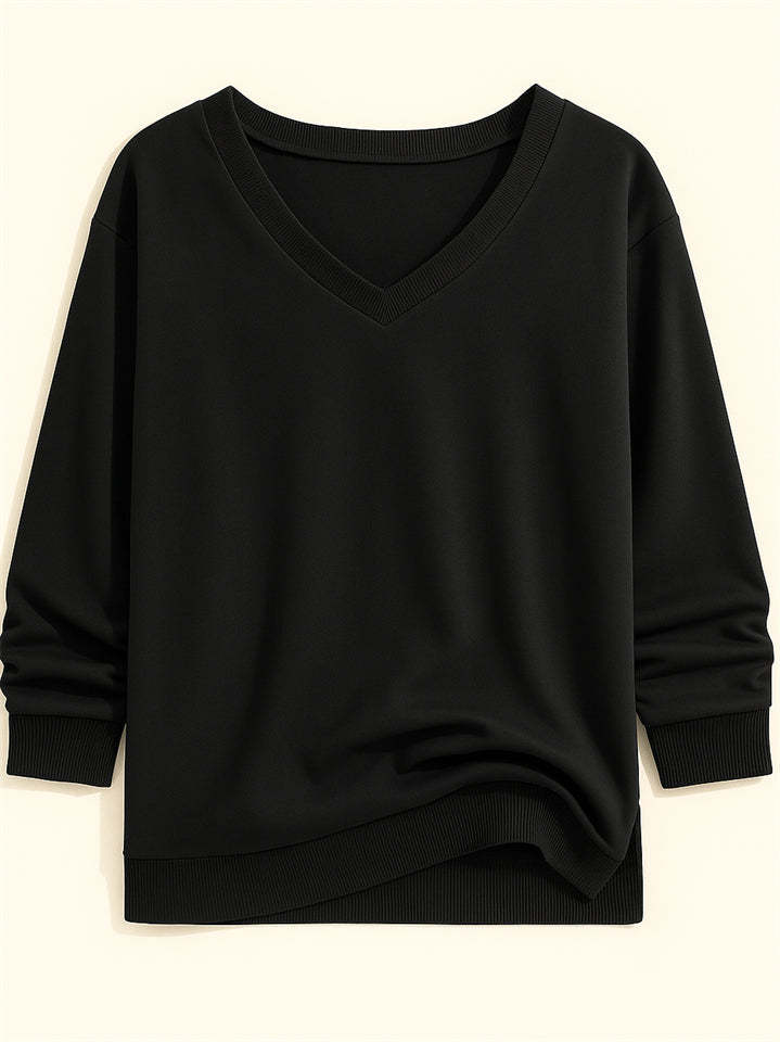 Casual Solid Color V-neck Long-sleeved Pullover Loose Sweatshirts for Women