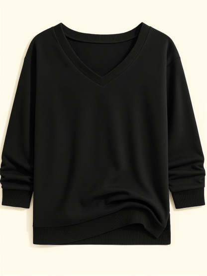 Casual Solid Color V-neck Long-sleeved Pullover Loose Sweatshirts for Women