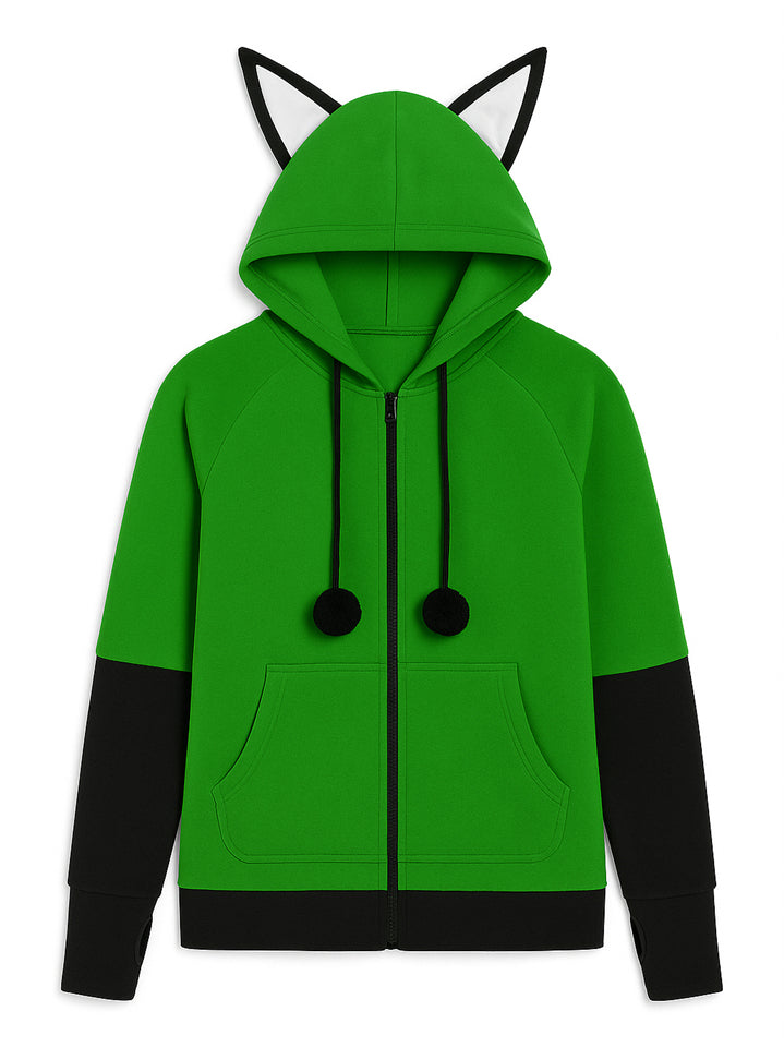 Women's Adorable Fox Ear Drawstring Hooded Zip Up Cardigan Sweatshirt