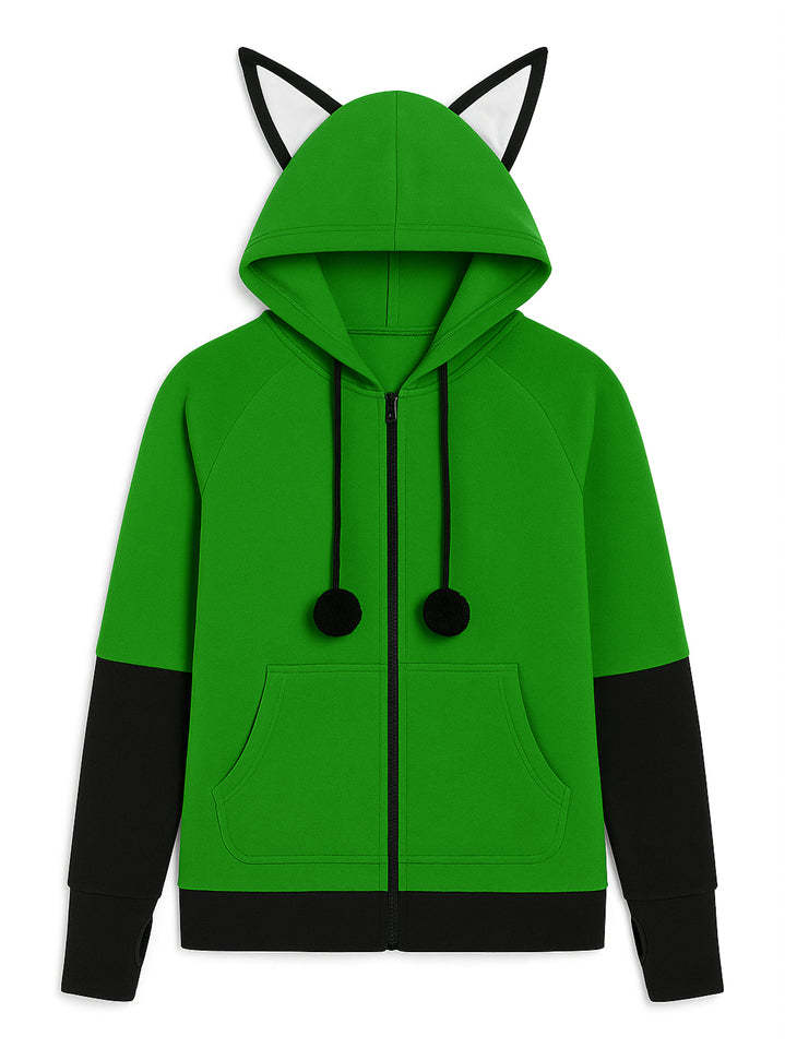 Women's Adorable Fox Ear Drawstring Hooded Zip Up Cardigan Sweatshirt